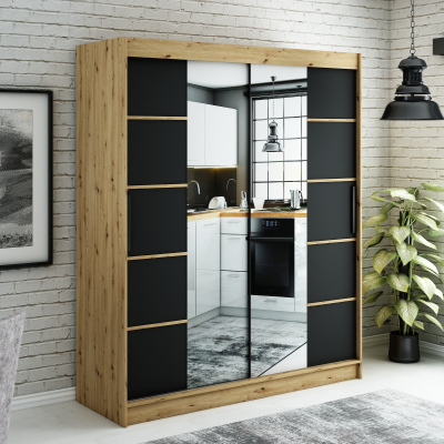 LURDES 6 tükrös szekrény tolóajtókkal - szélesség 180 cm, artisan tölgy / fekete