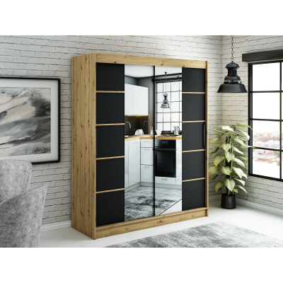 LURDES 6 tükrös szekrény tolóajtókkal - szélesség 180 cm, artisan tölgy / fekete