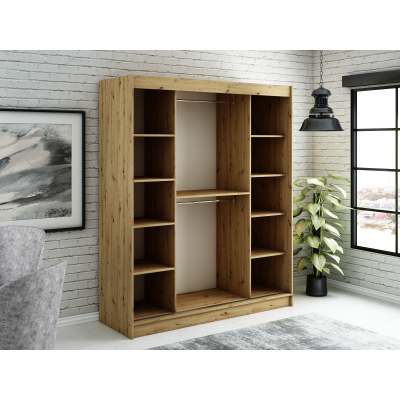 LURDES 6 tükrös szekrény tolóajtókkal - szélesség 180 cm, artisan tölgy / fekete