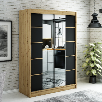 LURDES 6 tükrös szekrény tolóajtókkal - szélesség 150 cm, artisan tölgy / fekete