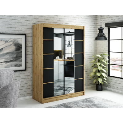 LURDES 6 tükrös szekrény tolóajtókkal - szélesség 120 cm, artisan tölgy / fekete