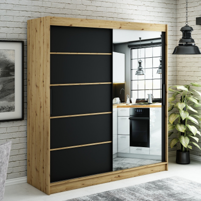 LURDES 5 tükrös szekrény tolóajtókkal - szélesség 200 cm, artisan tölgy / fekete