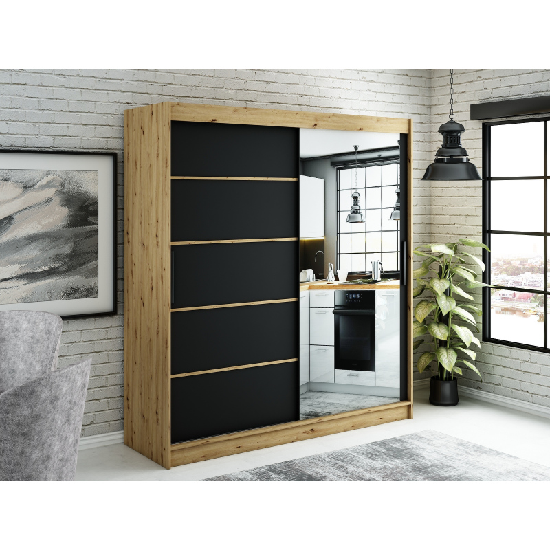 LURDES 5 tükrös szekrény tolóajtókkal - szélesség 200 cm, artisan tölgy / fekete