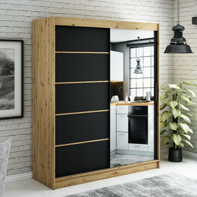 LURDES 5 tükrös szekrény tolóajtókkal - szélesség 180 cm, artisan tölgy / fekete