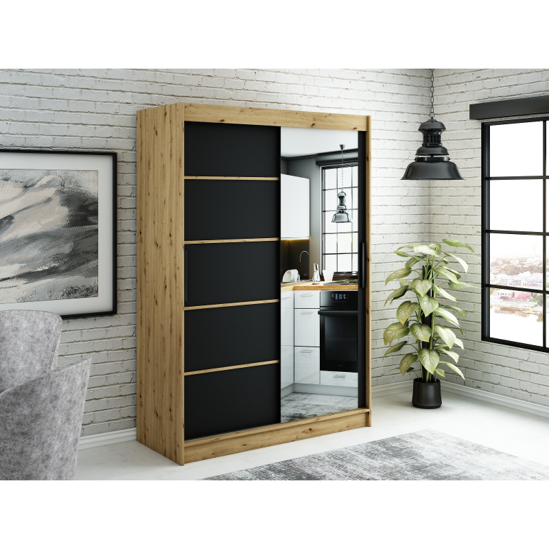 LURDES 5 tükrös szekrény tolóajtókkal - szélesség 150 cm, artisan tölgy / fekete