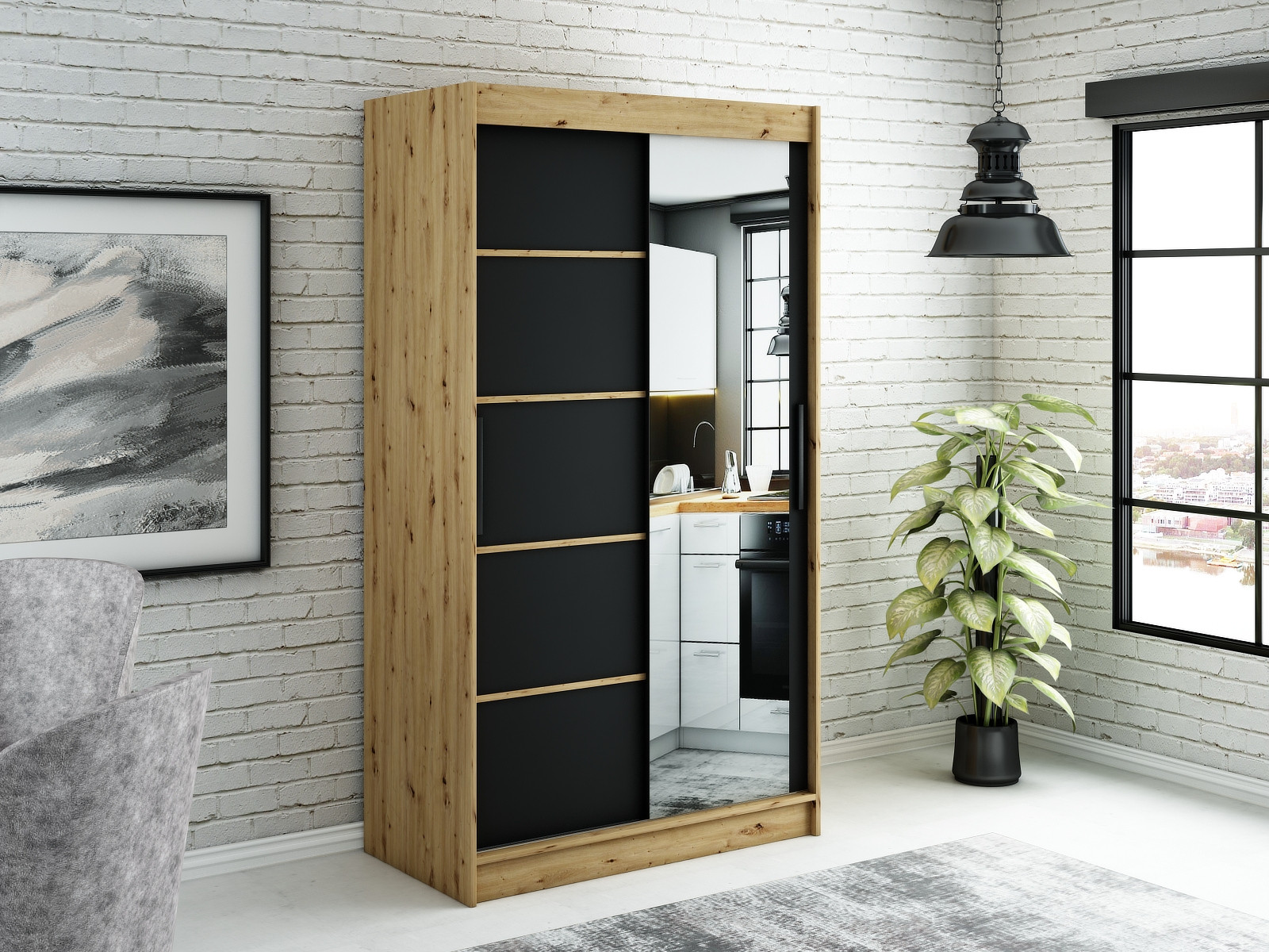 LURDES 5 tolóajtós gardróbszekrény - 120 cm széles, artisan tölgy / fekete