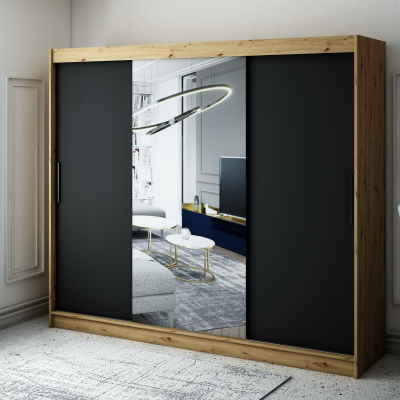 LURDES 2 tolóajtós gardróbszekrény - 250 cm széles, artisan tölgy / fekete