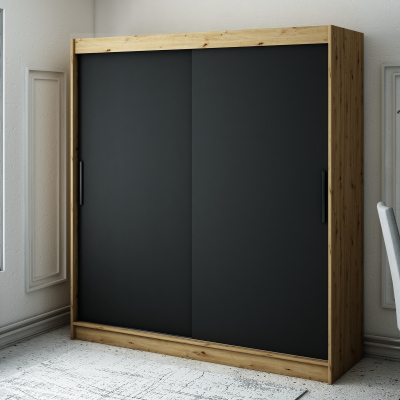 LURDES 1 tolóajtós gardróbszekrény - 200 cm széles, artisan tölgy / fekete