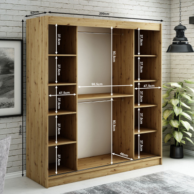 LURDES 1 tolóajtós gardróbszekrény - 200 cm széles, artisan tölgy / fekete