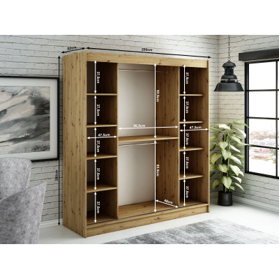 LURDES 1 tolóajtós gardróbszekrény - 200 cm széles, artisan tölgy / fekete