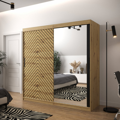 JANETTE 3 grafikával és tükörrel ellátott ruhásszekrény - szélesség 200 cm, artisan tölgyfa