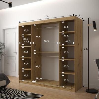 JANETTE 3 grafikával és tükörrel ellátott ruhásszekrény - szélesség 200 cm, artisan tölgyfa