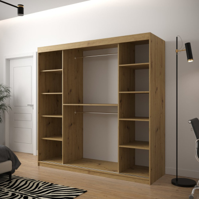 JANETTE 3 grafikával és tükörrel ellátott ruhásszekrény - szélesség 200 cm, artisan tölgyfa