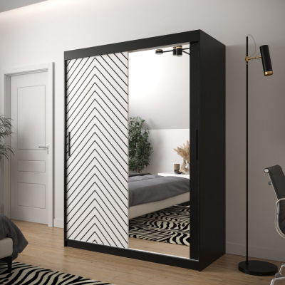 JANETTE 3 grafikás és tükörrel ellátott szekrény - szélesség 150 cm, fekete / fehér