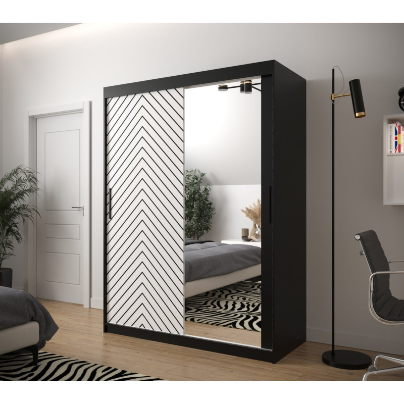 JANETTE 3 grafikás és tükörrel ellátott szekrény - szélesség 150 cm, fekete / fehér