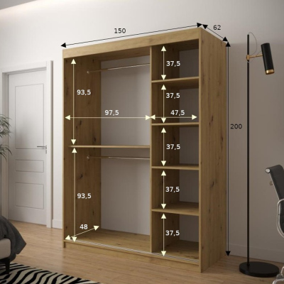 JANETTE 3 grafikával és tükörrel ellátott szekrény - szélesség 150 cm, fehér