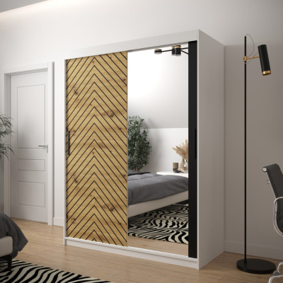 JANETTE 3 grafikával és tükörrel ellátott szekrény - szélesség 150 cm, fehér / artisan tölgy