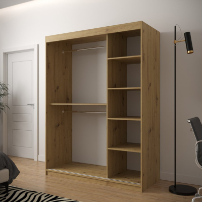JANETTE 3 grafikával és tükörrel ellátott szekrény - szélesség 150 cm, artisan tölgy / fehér