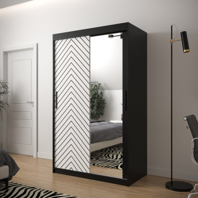 JANETTE 3 grafikás és tükörrel ellátott szekrény - szélesség 120 cm, fekete / fehér