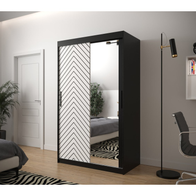 JANETTE 3 grafikás és tükörrel ellátott szekrény - szélesség 120 cm, fekete / fehér