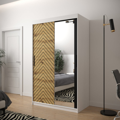 JANETTE 3 grafikával és tükörrel ellátott szekrény - szélesség 120 cm, fehér / artisan tölgy