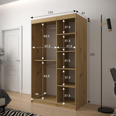 JANETTE 3 grafikával és tükörrel ellátott szekrény - szélesség 120 cm, fehér / artisan tölgy