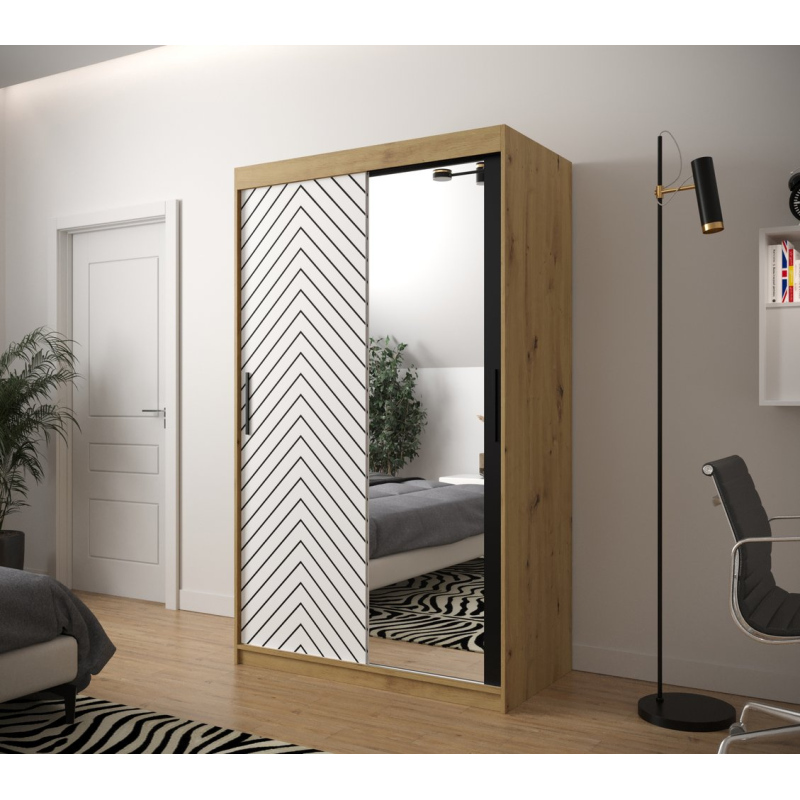 JANETTE 3 grafikával és tükörrel ellátott szekrény - szélesség 120 cm, artisan tölgy / fehér