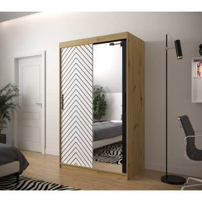 JANETTE 3 grafikával és tükörrel ellátott szekrény - szélesség 120 cm, artisan tölgy / fehér