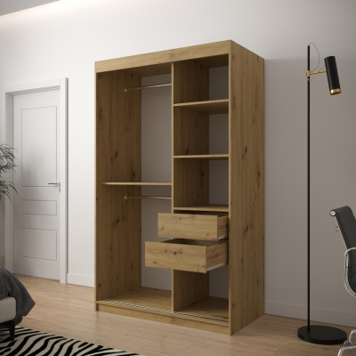 JANETTE 3 grafikával és tükörrel ellátott szekrény - szélesség 120 cm, artisan tölgy / fehér