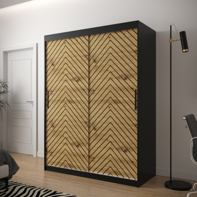 JANETTE 2 grafikás ruhásszekrény - szélesség 150 cm, fekete / artisan tölgy
