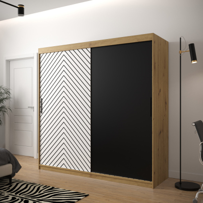 JANETTE 1 grafikás ruhásszekrény - szélesség 200 cm, artisan tölgy / fehér / fekete