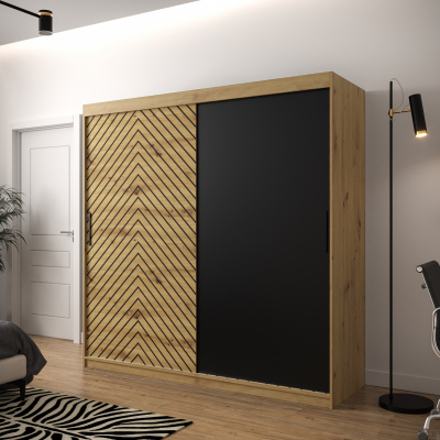 JANETTE 1 grafikás ruhásszekrény - szélesség 200 cm, artisan tölgy / fekete