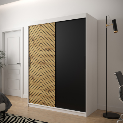 JANETTE 1 grafikás ruhásszekrény - szélesség 150 cm, fehér / artisan tölgy / fekete