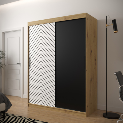 JANETTE 1 grafikás ruhásszekrény - szélesség 150 cm, artisan tölgy / fehér / fekete