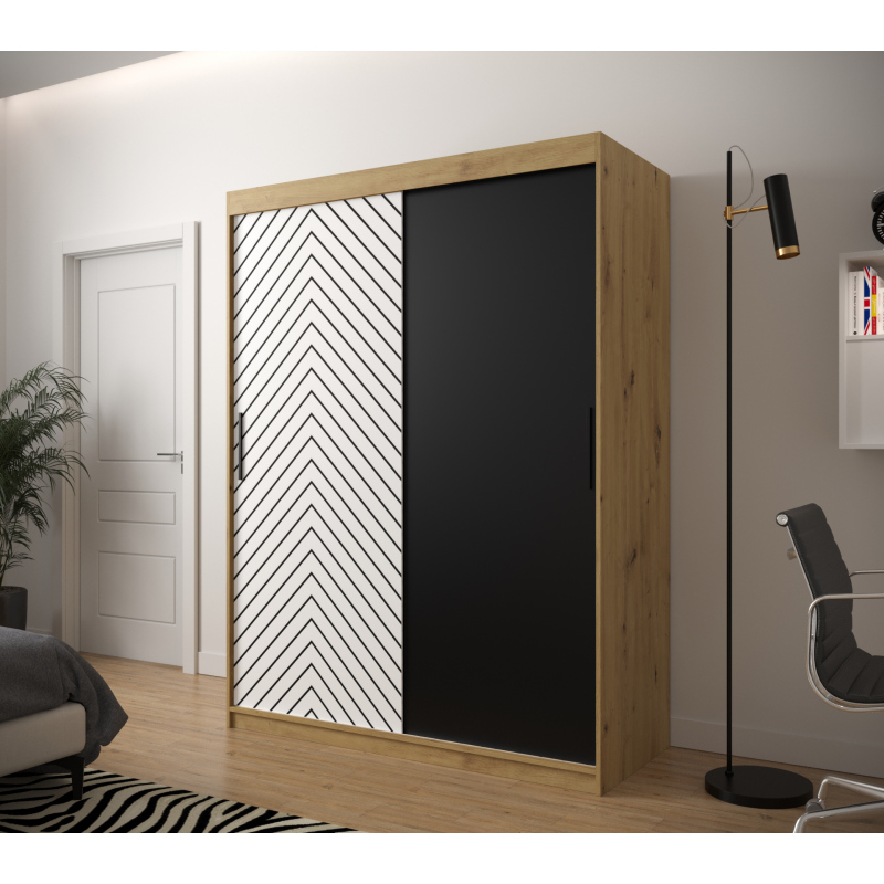 JANETTE 1 grafikás ruhásszekrény - szélesség 150 cm, artisan tölgy / fehér / fekete