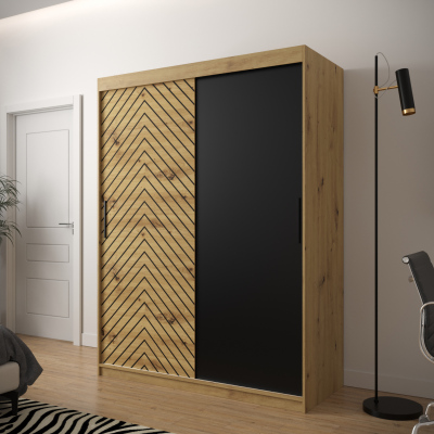 JANETTE 1 grafikás ruhásszekrény - szélesség 150 cm, artisan tölgy / fekete