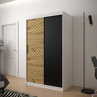 JANETTE 1 grafikás ruhásszekrény - szélesség 120 cm, fehér / artisan tölgy / fekete