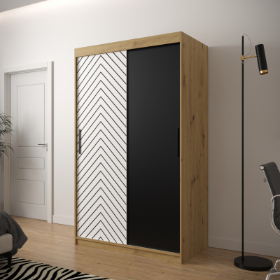 JANETTE 1 grafikás ruhásszekrény - szélesség 120 cm, artisan tölgy / fehér / fekete