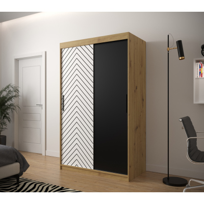 JANETTE 1 grafikás ruhásszekrény - szélesség 120 cm, artisan tölgy / fehér / fekete