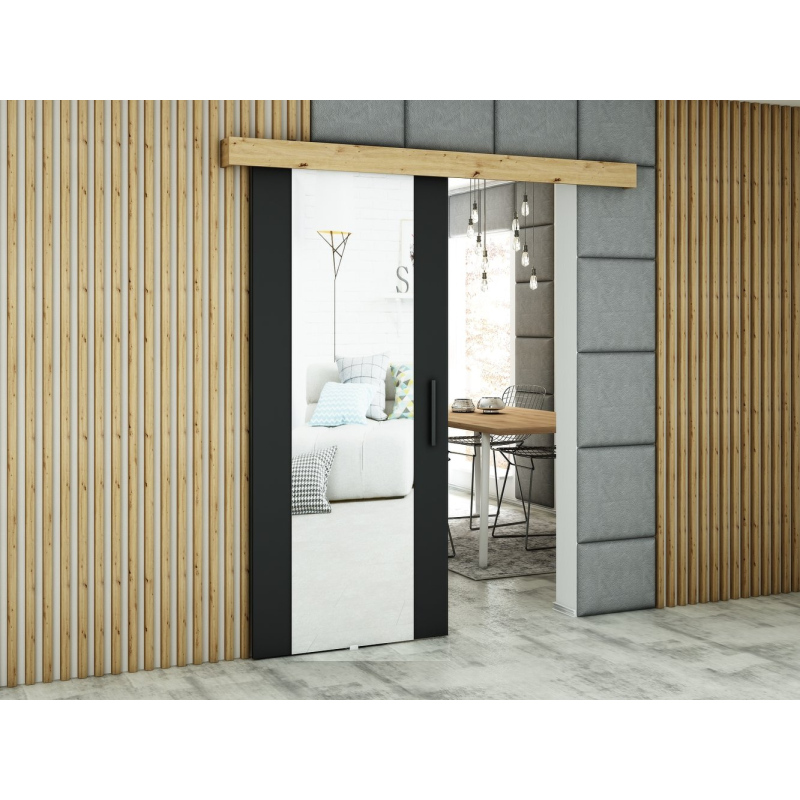Tolóajtó tükörrel LORETA 2 - 90 cm, fekete / kézműves tölgy