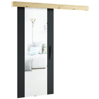 Tolóajtó tükörrel LORETA 2 - 90 cm, fekete / kézműves tölgy