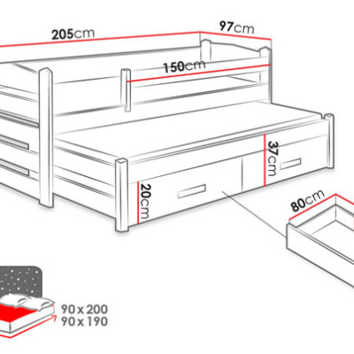 Gyerekágy pótággyal és korláttal 90x200 WETTIN 2 - fehér / artisan tölgy