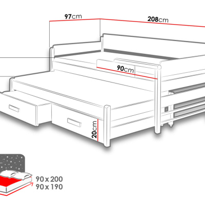 Gyerekágy pótággyal 90x200 SELTERS - fehér / szürke