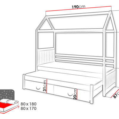 Gyerekágy ház 80x180 KARBEN 1 - fehér / szürke