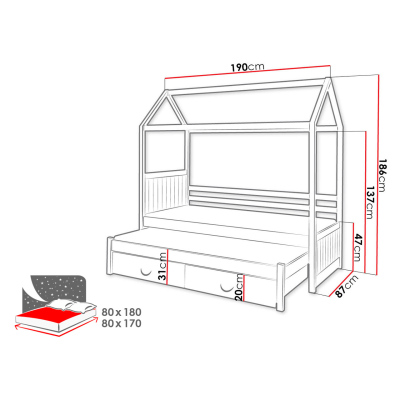 Gyerekágy ház 80x180 KARBEN 1 - fehér / szürke