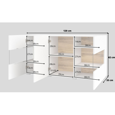 BONA háromajtós üvegezett komód - fehér / wotan