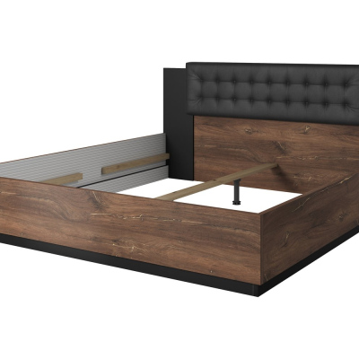 LJUBA ágy kárpitozott fejtámlával - 180x200, tölgyfa lambéria / fekete szupermatt