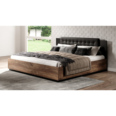 LJUBA ágy kárpitozott fejtámlával - 160x200, tölgyfa lambéria / fekete szupermatt
