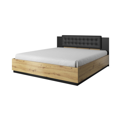 LJUBA ágy kárpitozott fejtámlával - 180x200, artisan tölgy / fekete szupermatt