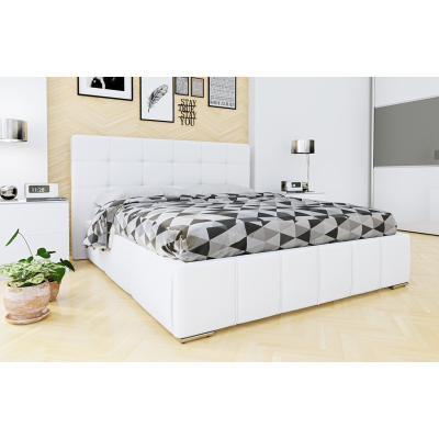 Franciaágy tárolóhellyel és rácsos ágyráccsal 140x200 MELDORF - fehér ekológikus bőr